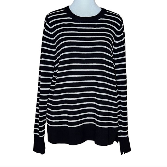 Halogen Cashmere Black White Striped Sweater Crew Neck Split Hem Women's Large - Picture 1 of 11